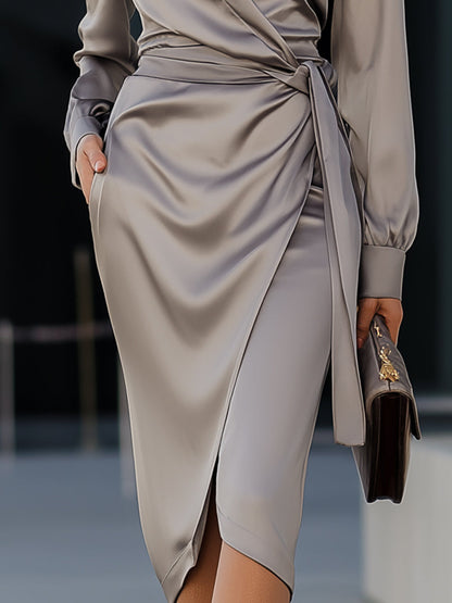 Grey Satin Wrap Dress With Tie Waist
