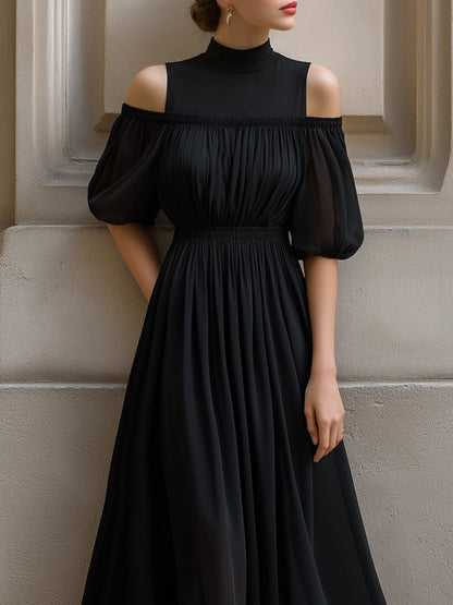 Cold-Shoulder Pleated Chiffon Midi Dress