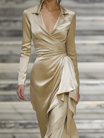 Champagne Satin Wrap Gown With Draped Ruffle Detail