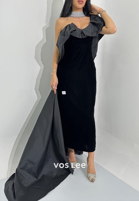 One Shoulder Sleeveless Pleated Sheath Evening Dresses with Sweep Train