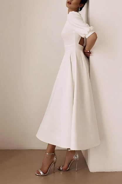 White Satin A-Line Midi Wedding Dress with Puff Sleeves and Open Back