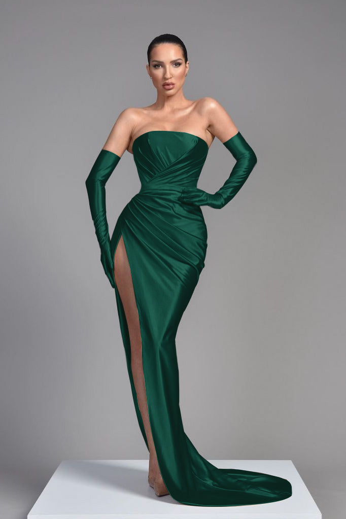 Champagne Evening Dress Half Sleeves With Pleated High Split
