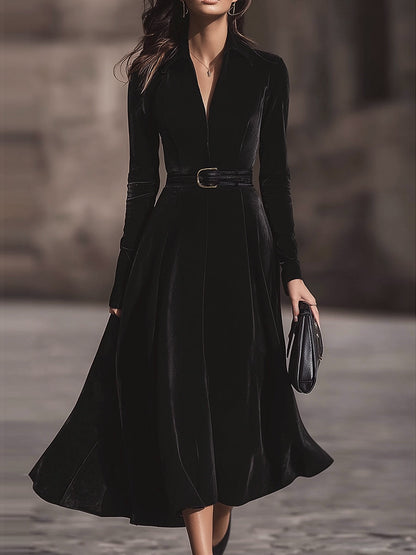 VOS LEE Belted Black Velvet Midi Dress