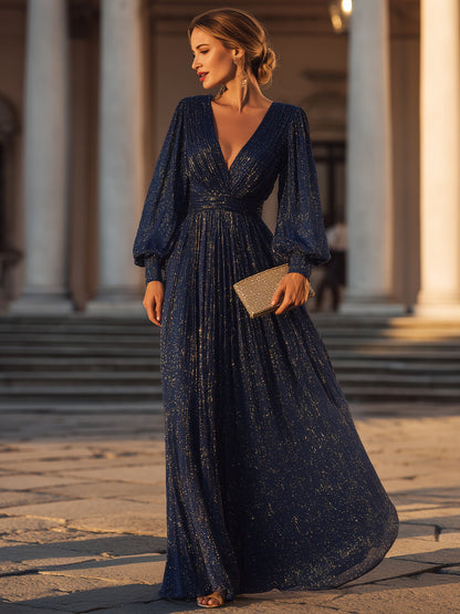 Long Sleeve Shimmer Pleated V-Neck Gown