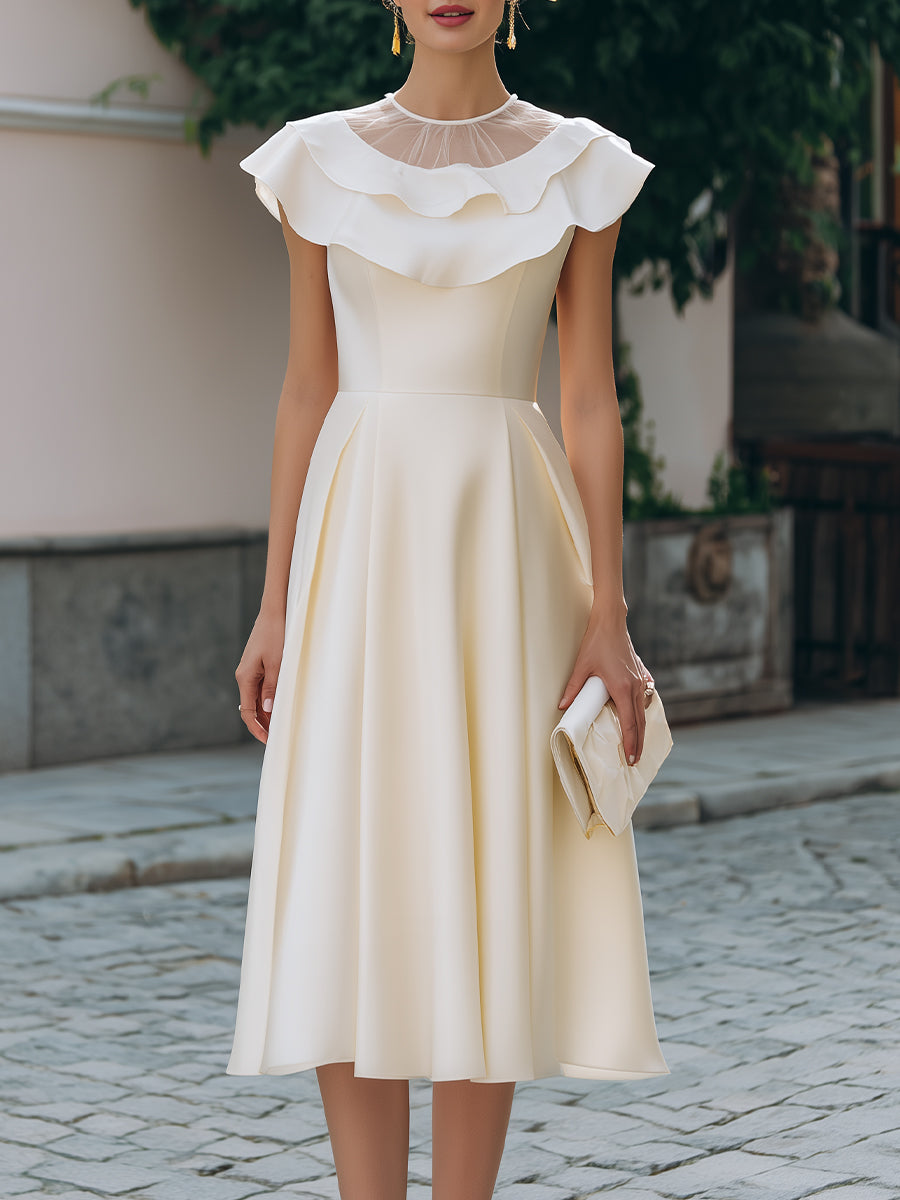 Ruffled Neckline Cap-Sleeve A-Line Midi Dress