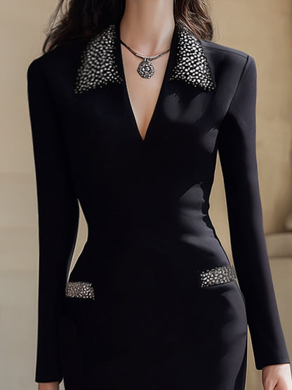 Elegant Beaded Collar Bodycon Midi Dress