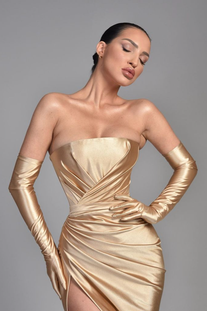 Champagne Evening Dress Half Sleeves With Pleated High Split