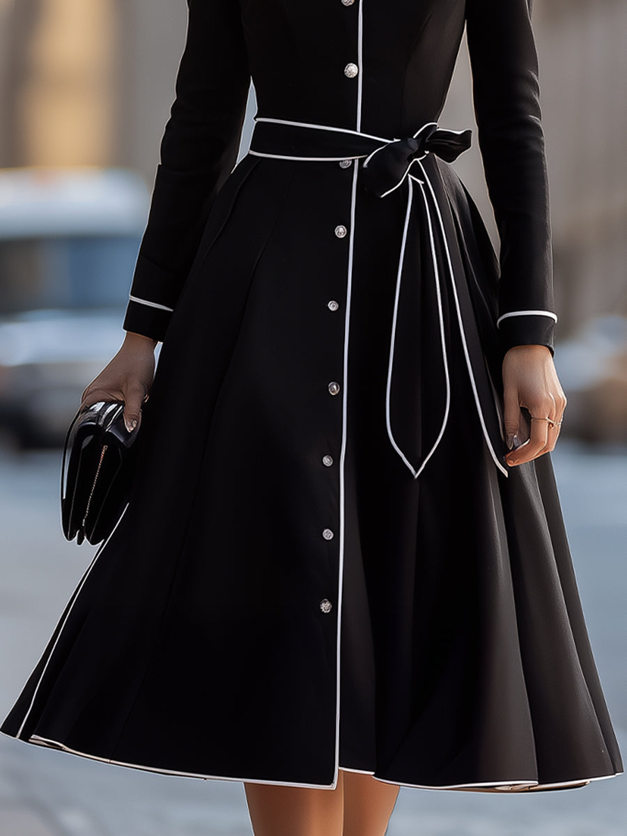 Elegant Black Contrast-Trim Midi Dress With Belt