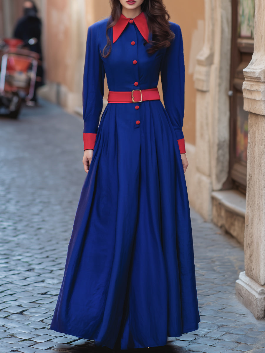 Vintage-Inspired Royal Blue & Red Contrast Maxi Dress