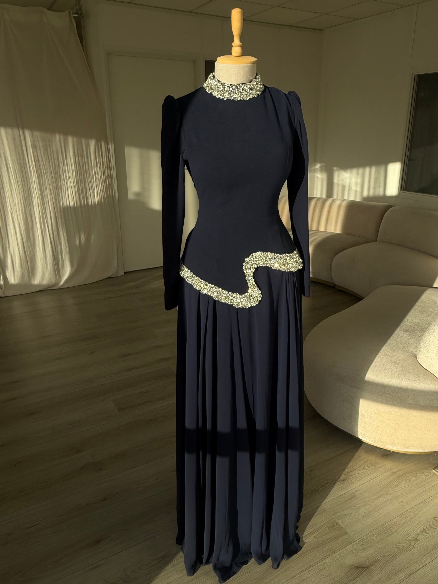 Dusty Pink High Neck Long Sleeve Crystal Waist A-Line Formal Evening Gown