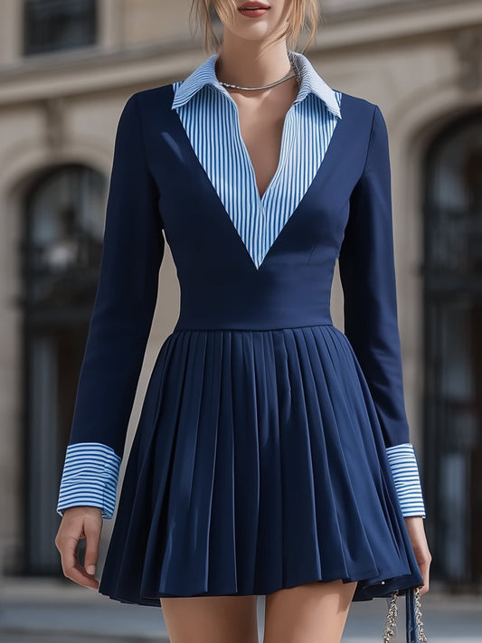 Navy Pleated Mini Dress With Striped Shirt Collar Detail