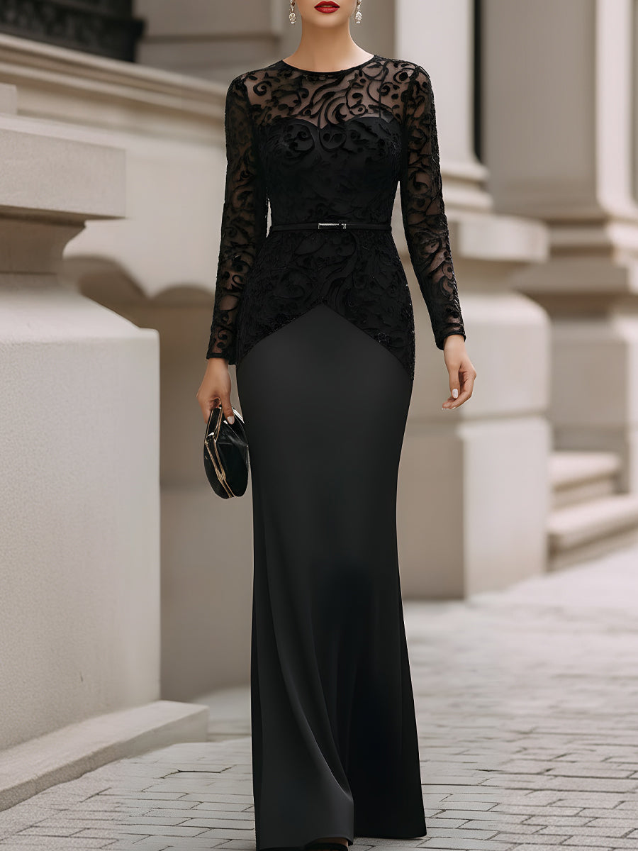 Velvet Embossed Long Sleeve Dress With Belt