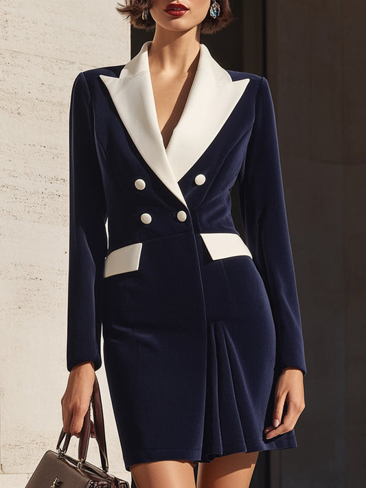 Navy Contrast-Lapel Tailored Double-Breasted Blazer Dress