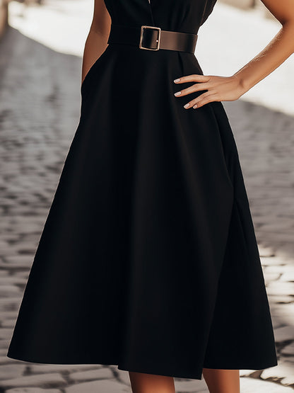 Elegant Contrast Lapel Sleeveless Belted Midi Dress