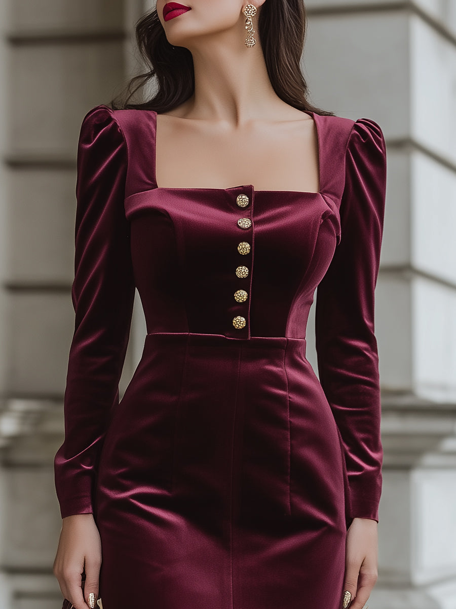 Square Neckline Velvet Long Sleeve Midi Dress