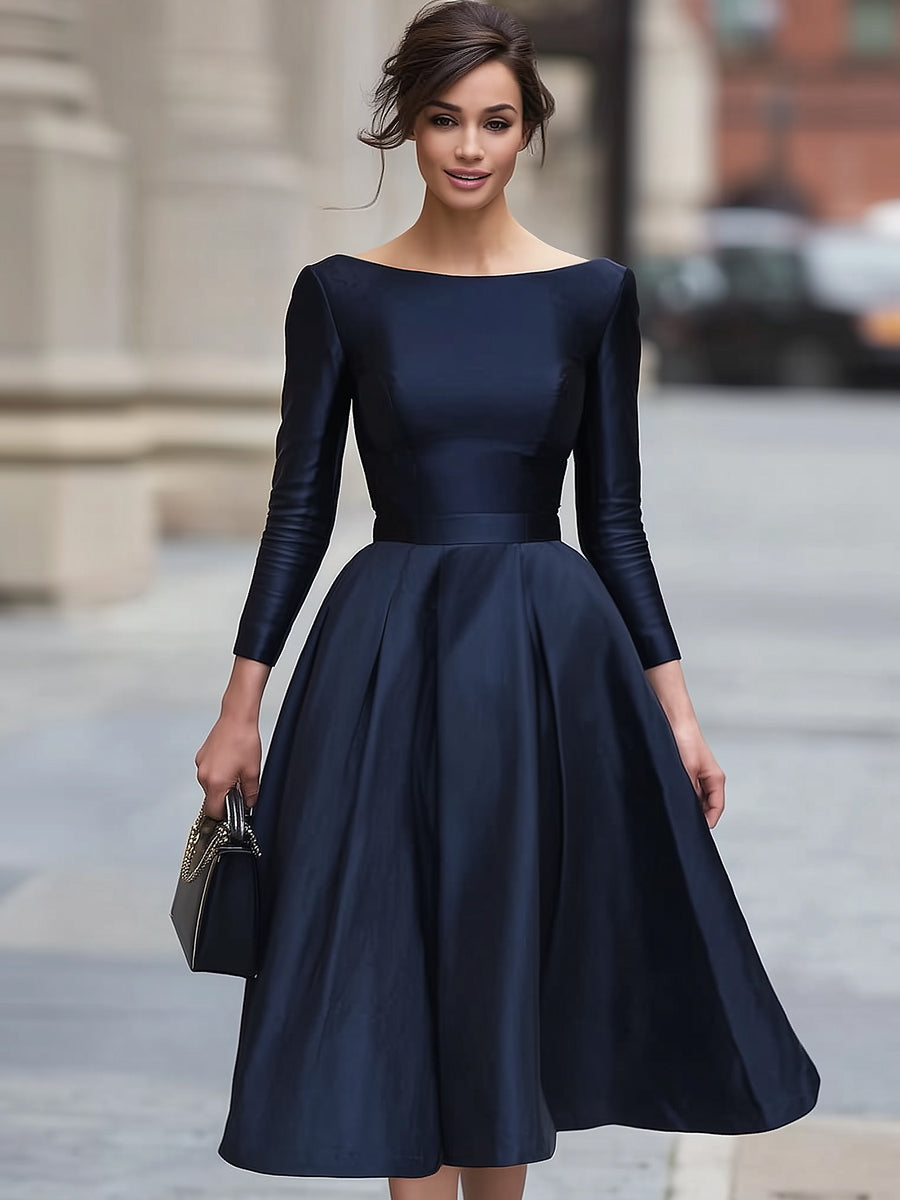 Navy Satin Off-Shoulder Midi Dress, Tailored For Timeless Sophistication
