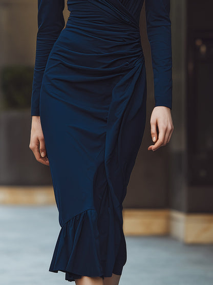 Navy Ruched Wrap Midi Dress With Structured Shoulders