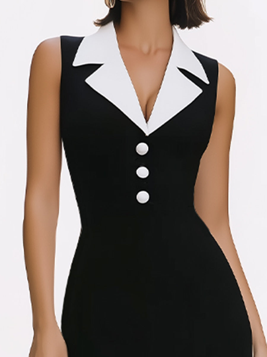 Elegant Contrast Collar Sleeveless Maxi Pencil Dress