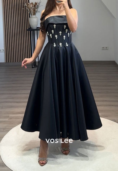 Beaded Crystal Strapless A-Line Satin Homecoming Evening Prom Dress Ball Gown