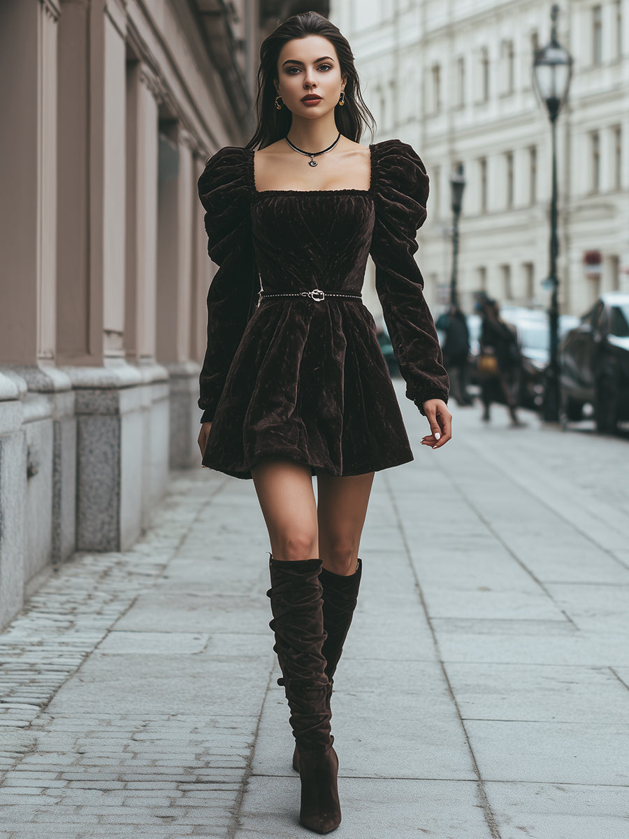 Chocolate Velvet Puff-Sleeve Mini Dress