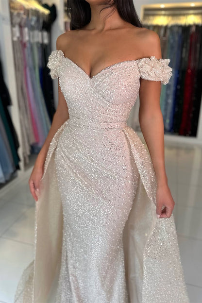 Off-the-Shoulder Sweetheart Evening Gowns Sequins Long With Detachable Overskirt