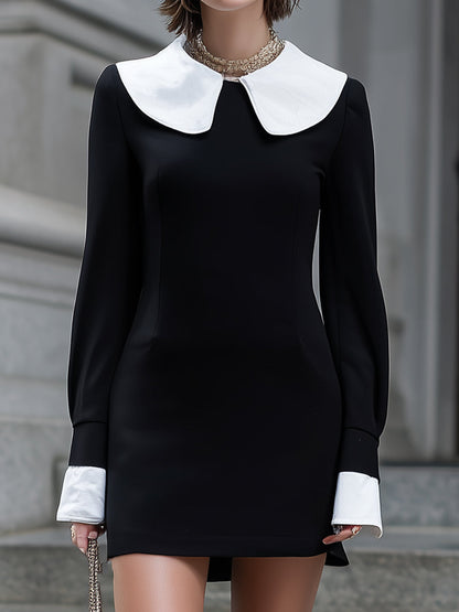 Black Contrast-Collar Mini Dress With White Cuffs