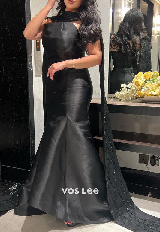 Black Sleeveless Strapless Beading Trumpet Evening Dresses with Sweep Train