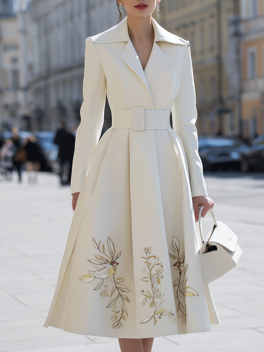 Ivory Belted Coat Dress With Floral Embroidery
