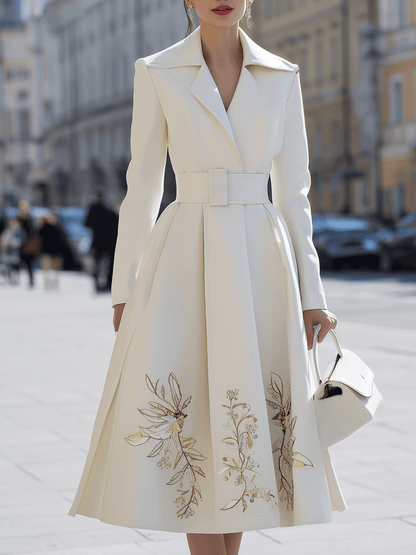 Ivory Belted Coat Dress With Floral Embroidery