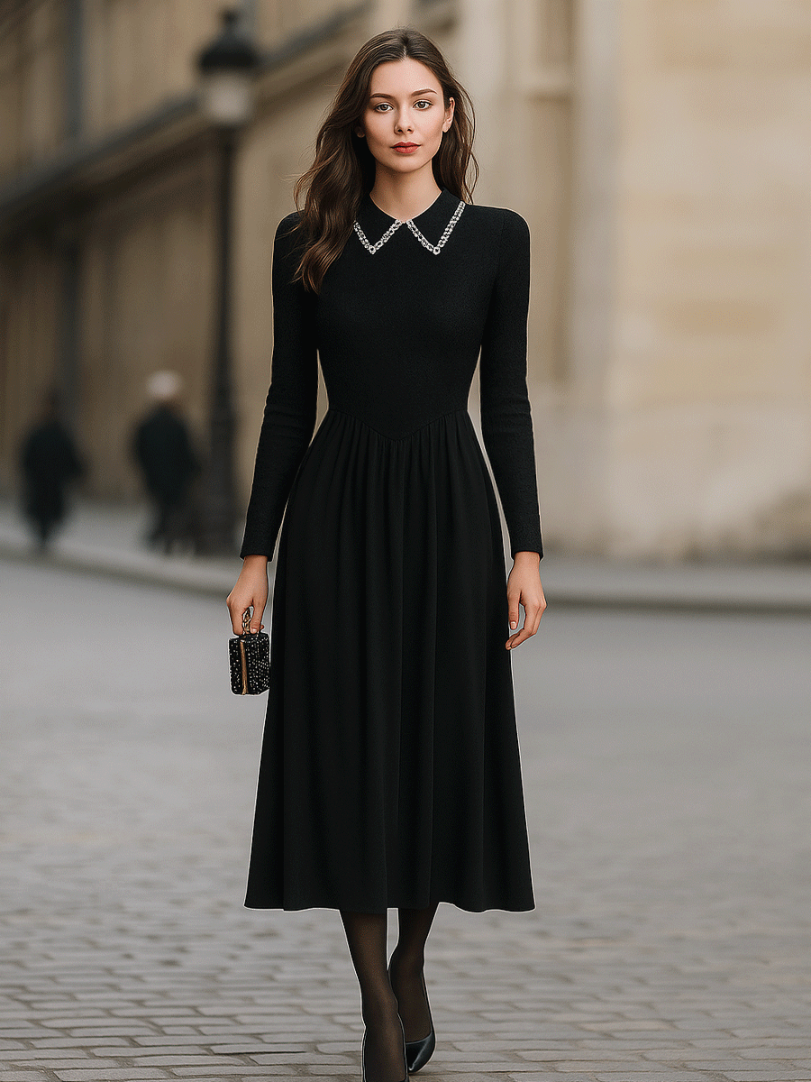 Black Long-Sleeve Midi Dress With Embellished Collar