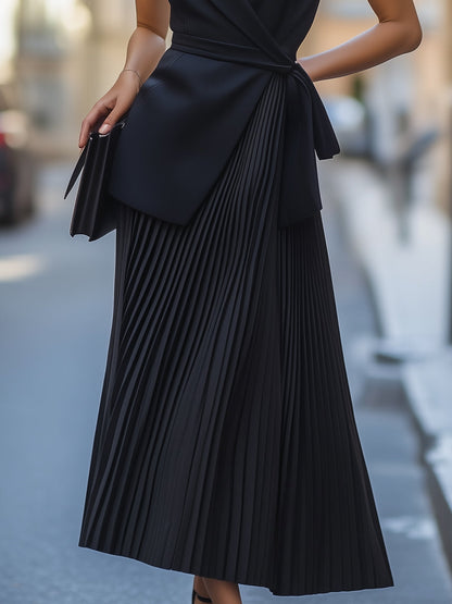 Sleeveless Black Wrap Blazer Dress With Pleated Skirt Wedding Guest Dresses