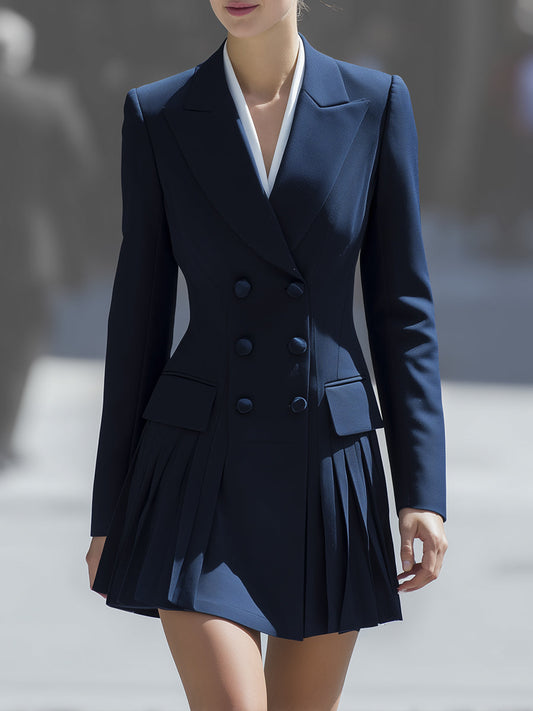 Navy Double-Breasted Pleated Blazer Dress