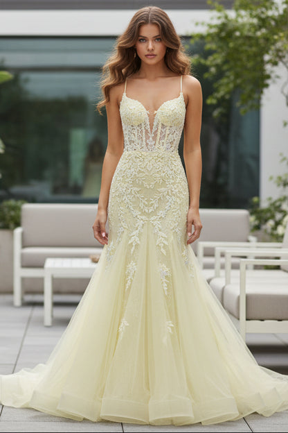 Cute Mermaid Sweetheart Daffodil Tulle Long Prom Dress with Appliques