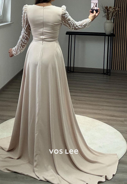 Long Sleeves Beaded Lace Mermaid Formal Dresses with With Sweep Train