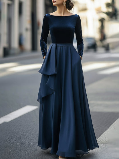 Velvet And Chiffon Evening Gown With Ruffle Detail