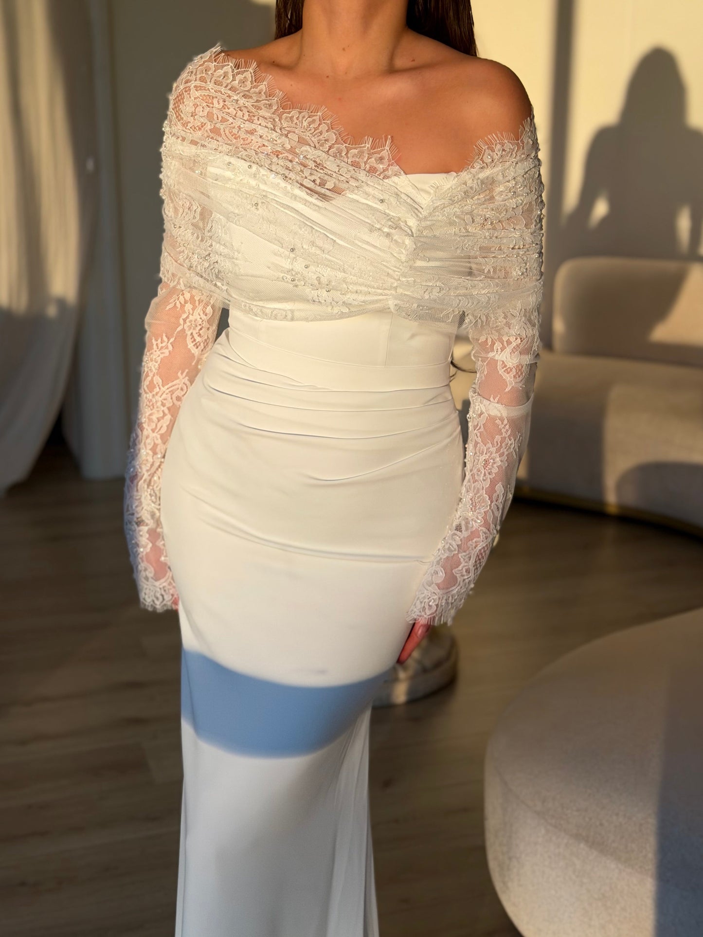Brown Off Shoulder Long Sleeve Sequin Tassel Mermaid Evening Gown