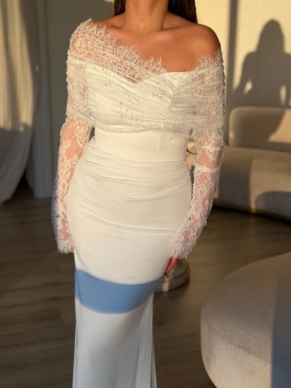 Brown Off Shoulder Long Sleeve Sequin Tassel Mermaid Evening Gown