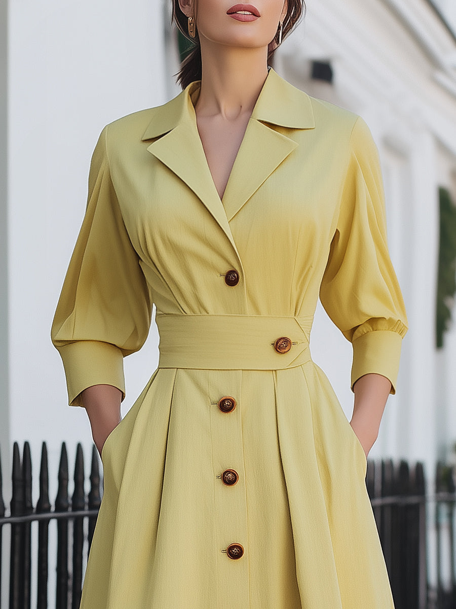 Vintage Long Sleeves Button A-Line Midi Dress