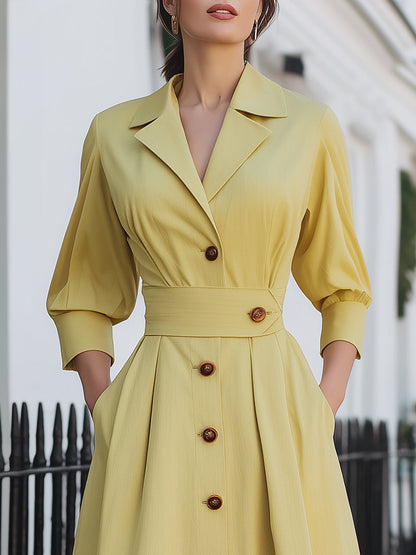 Vintage Long Sleeves Button A-Line Midi Dress