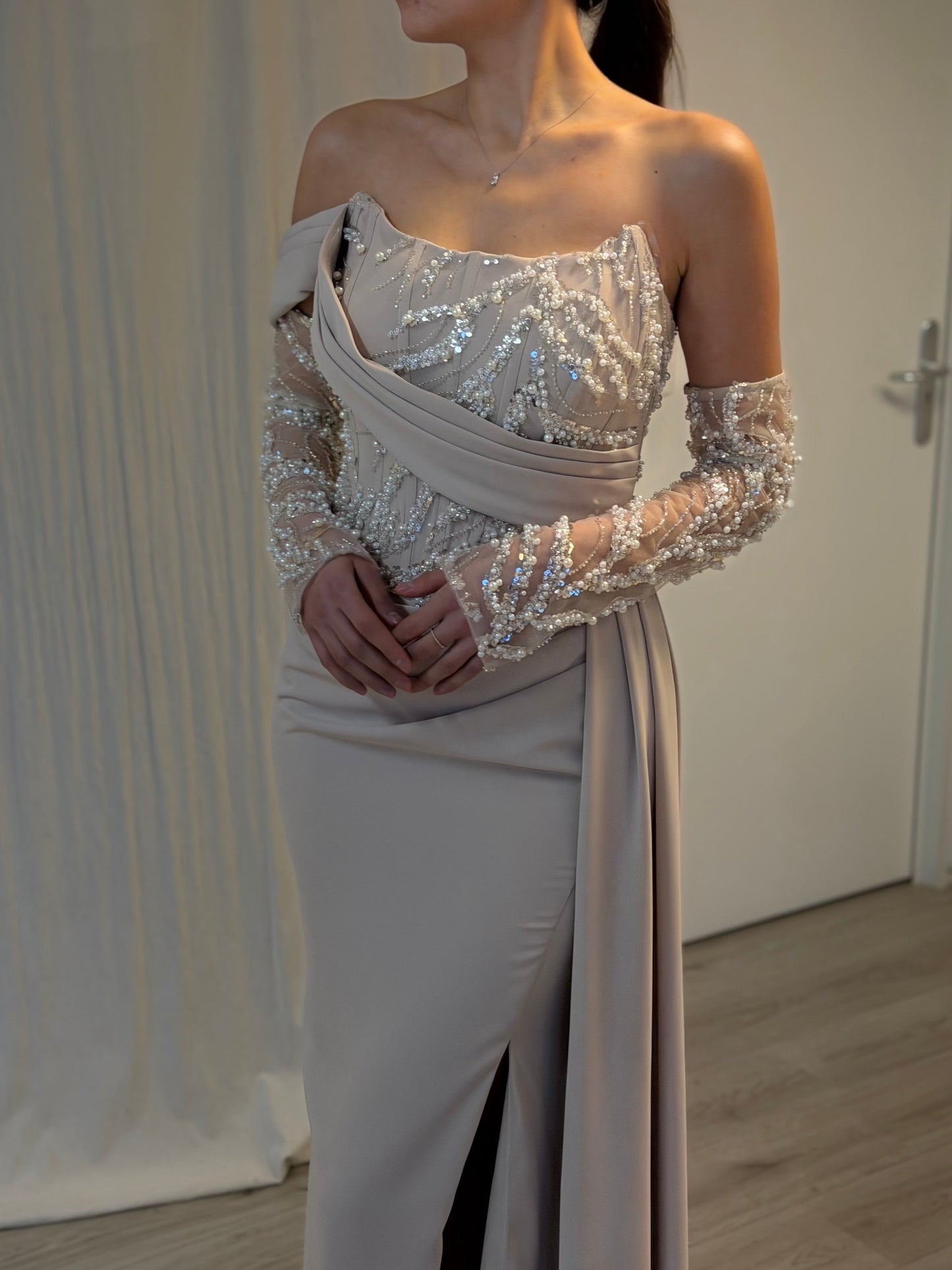 Elegant Off Shoulder Long Sleeve Lace Mermaid Gown with Side Slit