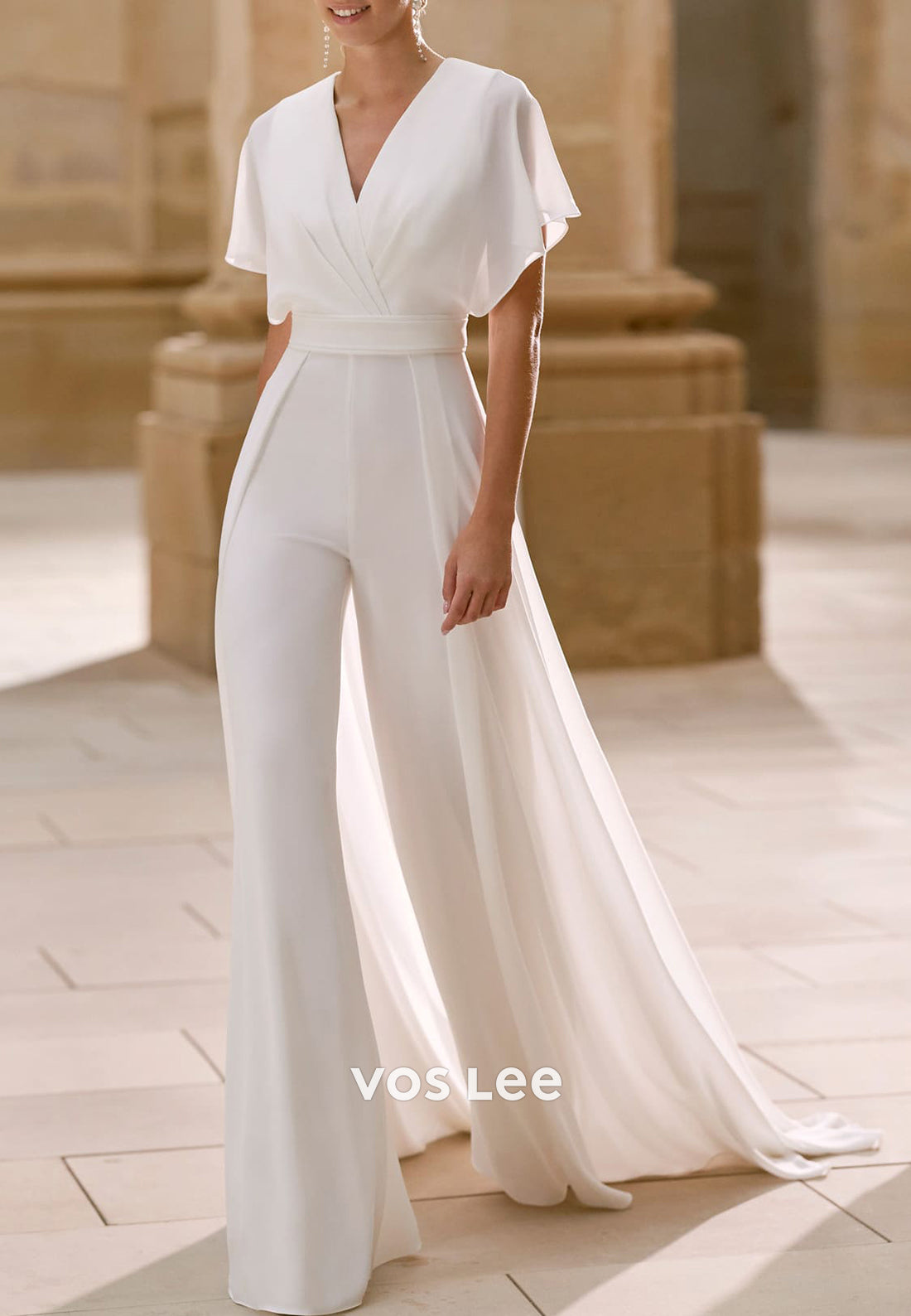 Flutter Sleeves V Neck Pleated Wedding Jumpsuit Dresses with Sweep Train