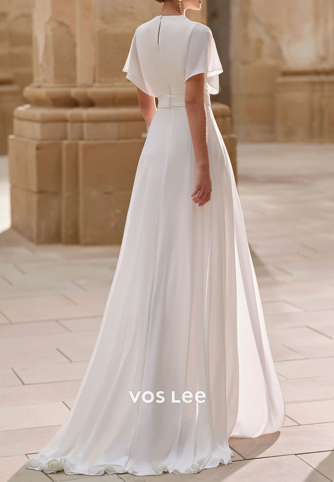 Flutter Sleeves V Neck Pleated Wedding Jumpsuit Dresses with Sweep Train