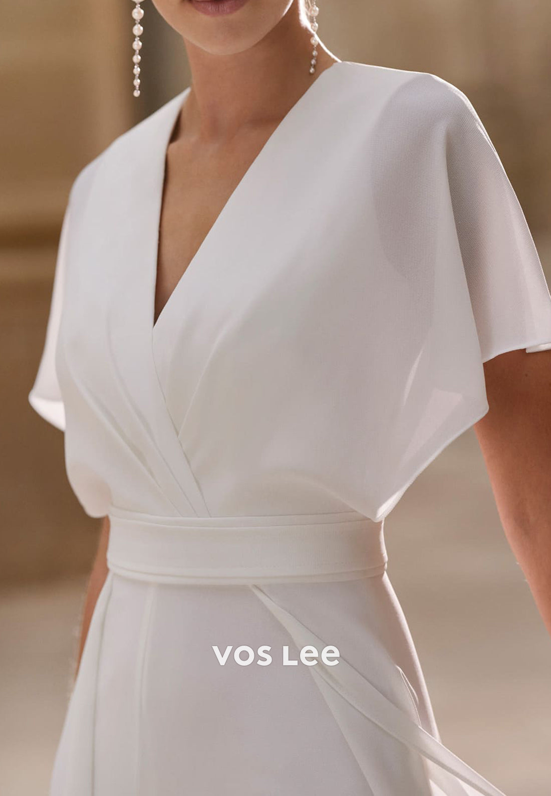 Flutter Sleeves V Neck Pleated Wedding Jumpsuit Dresses with Sweep Train