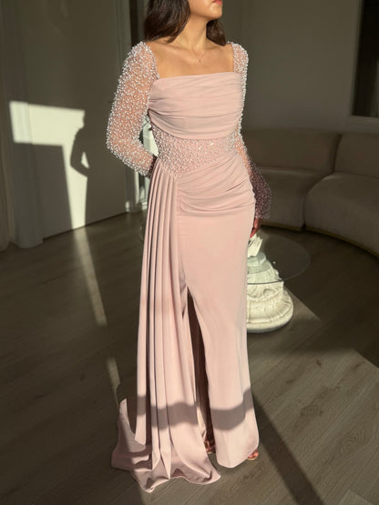 Champagne Off-Shoulder Evening Gown with Pearl Embellished Long Sleeves