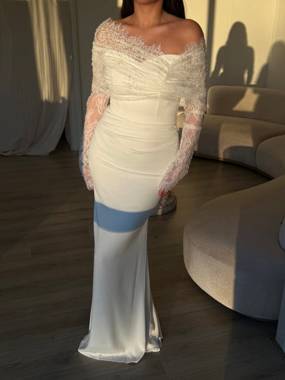 Brown Off Shoulder Long Sleeve Sequin Tassel Mermaid Evening Gown