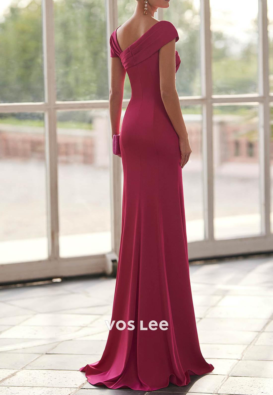 Short Sleeve Asymmetrical Neck Bowknot Mermaid Mother of Bride Dresses with Sweep Train