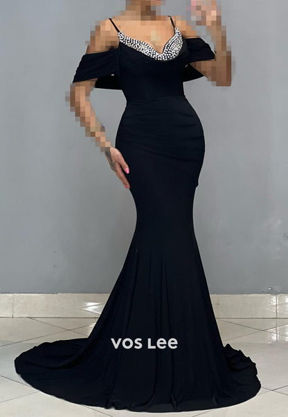 Off the Shoulder Spaghetti Straps Rhinestone Mermaid Evening Dresses with Sweep Train