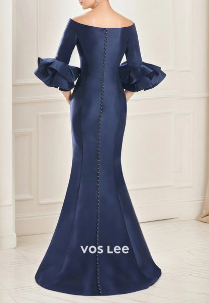 Chic & Modern Half Sleeves Off the Shoulder Ruched Trumpet Mother of Bride Dresses