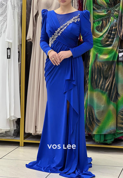 Royal Blue Long Sleeve Scoop Floor-Length Rhinestone Pleated Sheath Evening Dresses
