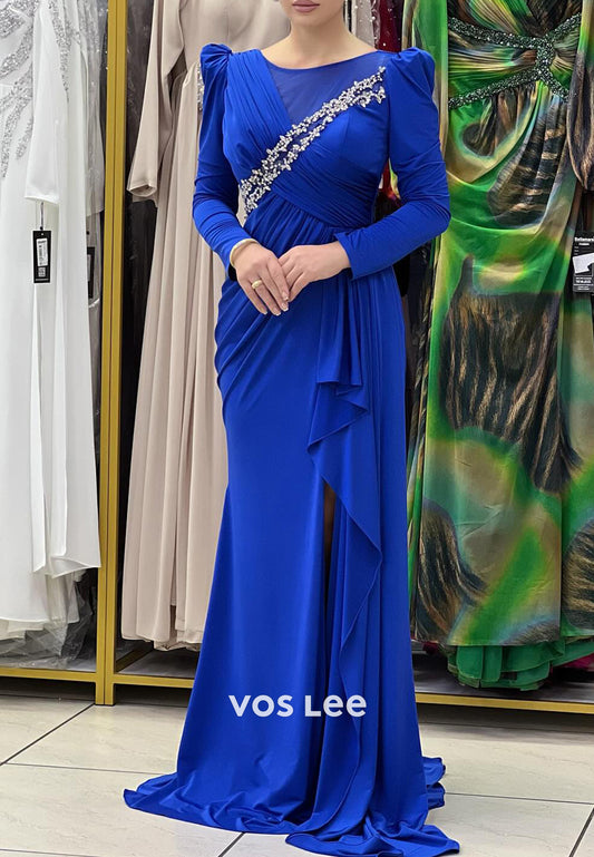 Royal Blue Long Sleeve Scoop Floor-Length Rhinestone Pleated Sheath Evening Dresses